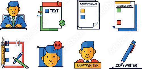 Copywriting and content creation icon set with writer documents drafts notes editing tools and marketing content elements isolated on white background vector illustration