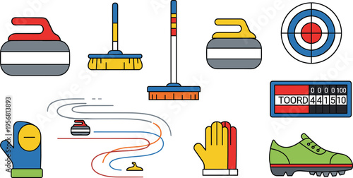 Curling sport equipment and winter game icon set with stones brooms target scoreboard gloves and ice field elements isolated on white background vector illustration