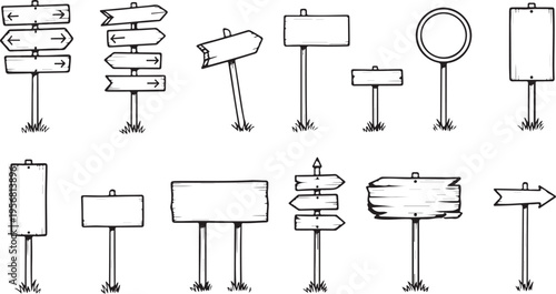 Various wooden and blank directional signs on poles in a vector graphic illustration