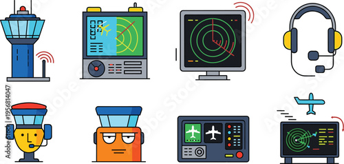 Air traffic control and radar system icon set with tower screens headset operators and aviation monitoring equipment isolated on white background vector illustration