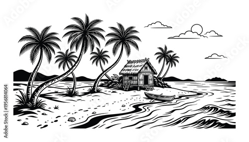 Tropical island paradise with palm trees, a beach hut, and calm blue water