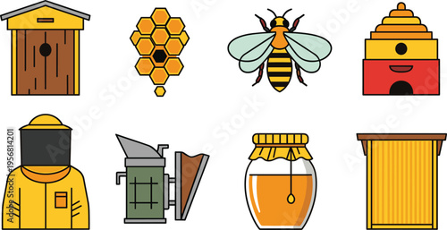 Beekeeping and honey production icon set with beehive honeycomb bee jar protective suit smoker and apiary tools isolated on white background vector illustration