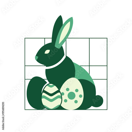 Easter 2026 Duotone Illustration with Rabbit and Decorative Eggs on Geometric Background