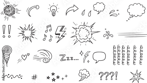Black and white vector graphic illustration of various comic book style speech bubbles and symbols
