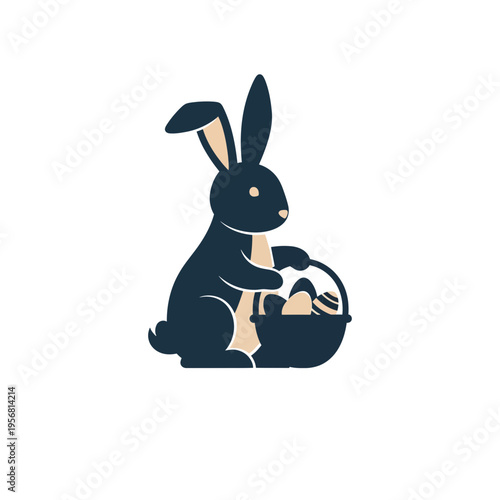Happy Easter 2026 Illustration with Bunny Rabbit Holding Egg Basket, Minimalist Flat Vector Design for Holiday Greeting Card and Poster.