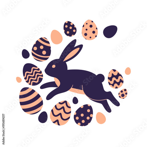 Happy Easter 2026 Greeting Design with Jumping Rabbit and Patterned Easter Eggs on White Background