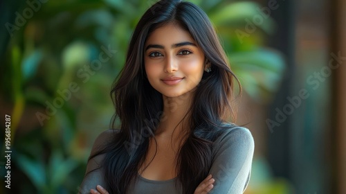 Woman with long dark hair standing with arms crossed in a softly lit indoor space with lush green plants, conveying calm confidence and relaxed poise