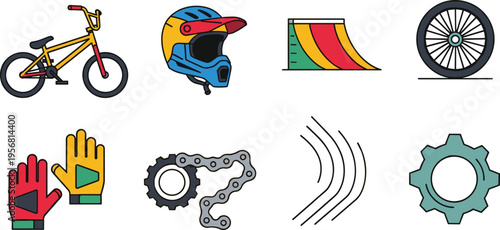 BMX cycling and freestyle bike icon set with helmet ramp wheel chain gloves and stunt elements isolated on white background vector illustration