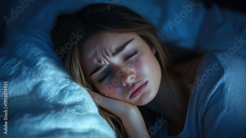 person resting on soft pillow and blanket in blue night light, tousled hair and hand near face conveying quiet, sleepy, pensive mood