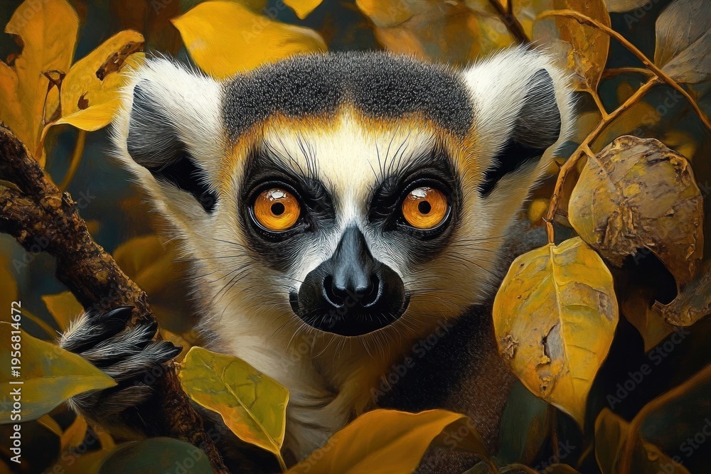 Obraz premium Curious lemur peeking through golden autumn leaves, gripping a branch with striped paw, intimate woodland scene with warm playful mood