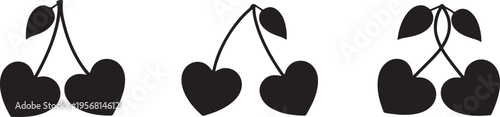 Heart shaped cherries with leaves on stem vector graphic illustration design