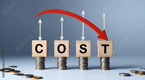 Business Financial Concept of Cost Reduction and Price Optimization with Wooden Blocks and Coins