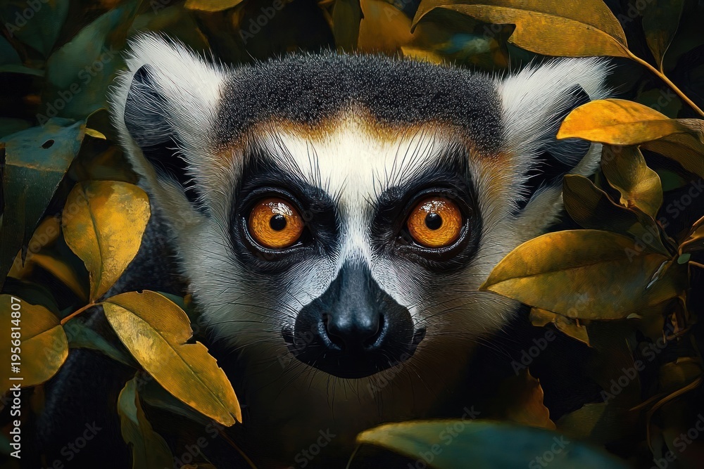 Fototapeta premium curious lemur peeking through golden leaves, watchful and mysterious