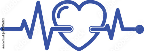 A blue heart icon integrated into a continuous electrocardiogram rhythm line on a white background isolated on transparent background, isolated on white background, Vector