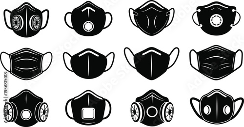 Protective face mask illustration set, respirator and surgical mask vector artwork, health safety symbol, pollution protection, medical design