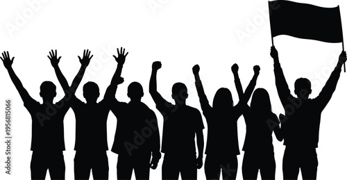 Protesting crowd silhouettes with raised hands and flag, people demonstration concept, social movement rally protest illustration design