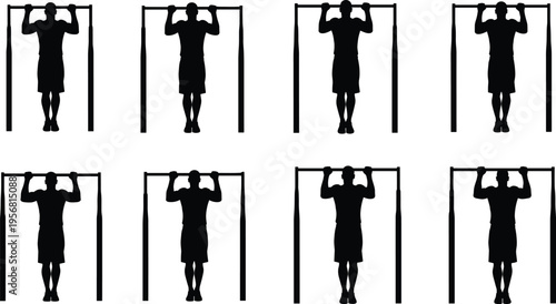 Pull up exercise silhouettes set, man doing chin ups on bar, strength training workout, fitness gym vector illustration
