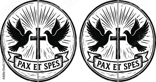 Silhouette emblem with doves and cross, PAX ET SPES banner, peace and hope symbol, spirituality, divine light, religious art, faith