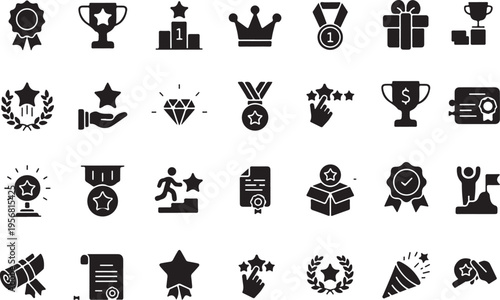 Black vector icons depicting various symbols of achievement and success