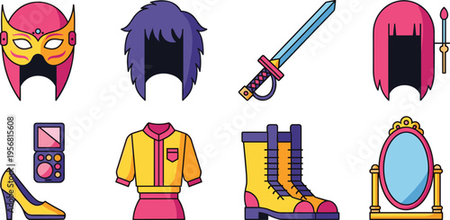 Fantasy character costume and accessories icon set with mask wig sword makeup boots mirror and outfit elements isolated on white background vector illustration