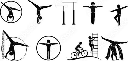 Silhouette icons of physical activities, gymnastics, handstand, cartwheel, cycling, climbing, balance, strength, coordination, fitness exercise, health, sport illustration