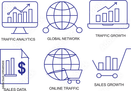 Set of modern flat dark blue line business and digital marketing icons depicting essential concepts like traffic analytics, global network, sales data, and online growth