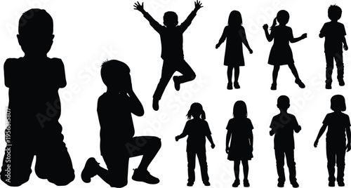 Silhouette illustration of children in various poses, standing, kneeling, jumping, playful movement, diversity, individuality, body language, childhood expression