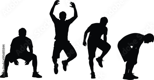 Silhouette illustration of person exercising, squat jump sequence, fitness movement, workout routine, physical activity, training, health, strength, endurance, energy