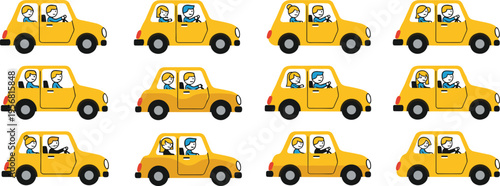 Yellow Taxi Car Vector Set with Cartoon Drivers and Passengers, Cute Transportation Vehicle Collection for City Travel, Ride Service, and Urban Mobility Illustrations