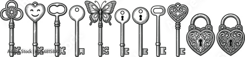 Silhouette illustration of vintage keys and locks, ornate heart designs, butterfly motif, antique craftsmanship, mystery, romance, security, collectible art