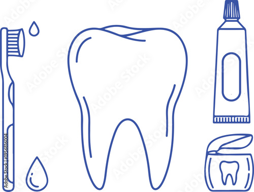 A collection of dental hygiene icons featuring a tooth, toothbrush, toothpaste and dental floss isolated on transparent background, isolated on white background, Vector