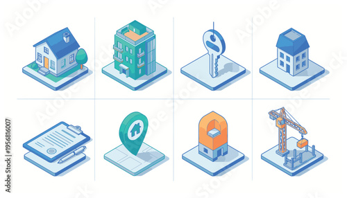 Real Estate Isometric Icon Set Depicting Housing Property Construction and Development