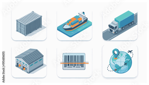 Logistics and Global Shipping Isometric Icon Set Depicting Cargo Transport and Delivery