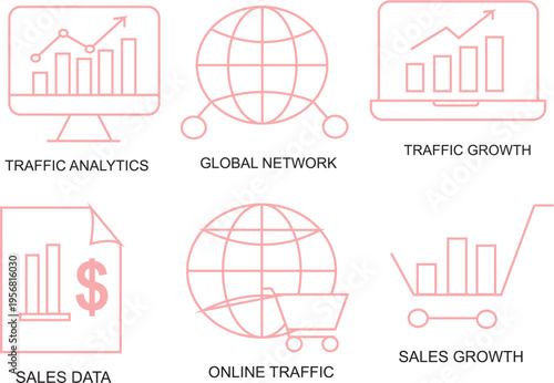 Set of modern flat pink line business and digital marketing icons depicting essential concepts like traffic analytics, global network, sales data, and online growth