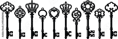 Silhouette illustration of vintage keys, ornate designs, antique craftsmanship, decorative motifs, floral and crown patterns, retro elegance, collectible art