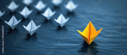 yellow paper boat tied with a thin thread leading a row of white paper boats floating on calm blue water with ripples and reflections, conveying confidence and individuality