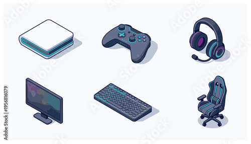 Gaming Isometric Icon Set Featuring Modern Console Controller Headset Monitor Keyboard and Chair Equipment