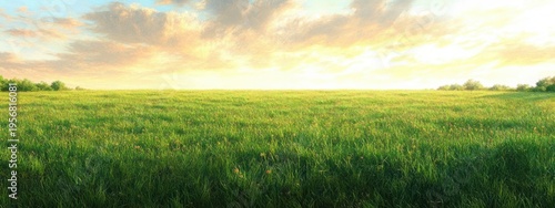 Expansive green meadow and grass field with distant tree line beneath a golden cloud-filled sky at sunrise, peaceful and serene mood