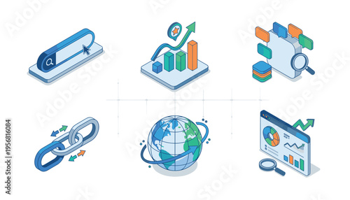 Search Engine Optimization Concept Isometric Illustrations Set with Data Analysis and Global Reach Elements