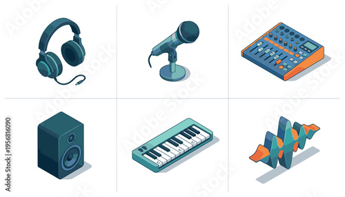 Audio Music Production Studio Equipment Isometric Icons Set