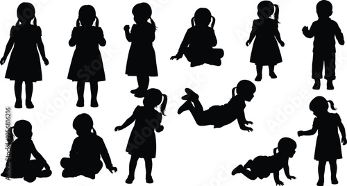 Silhouette illustration of young girl in multiple poses, standing, sitting, crawling, lying down, childhood movement, physical development, playful activity
