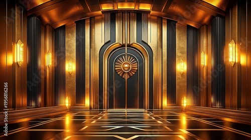 opulent golden art deco interior hall with central sunburst door, vertical ribbed panels, glowing wall sconces, reflective geometric floor and arched ceiling conveying dramatic elegance