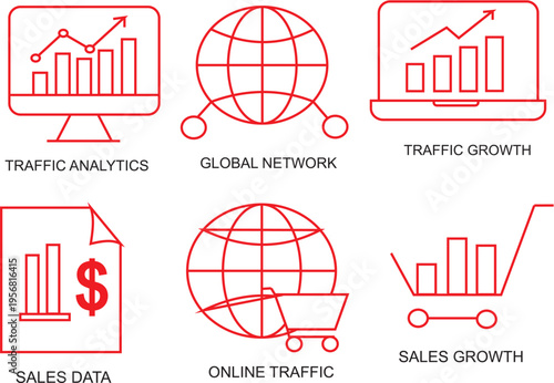 Set of modern flat red line business and digital marketing icons depicting essential concepts like traffic analytics, global network, sales data, and online growth