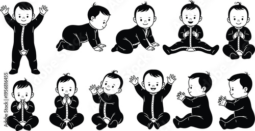 Baby Silhouette Vector Set with Cute Infant Poses, Black and White Newborn Child Collection for Parenting Design, Nursery Graphics, and Childhood Illustrations