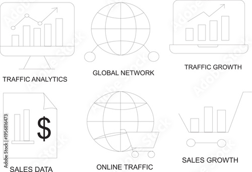 Business growth concepts traffic analytics, global network, sales data, online traffic, and sales growth icons