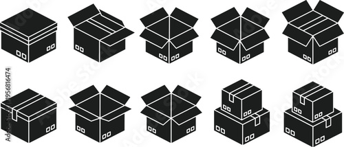 Black Cardboard Box Icon Set with Open and Closed Package Silhouettes, Shipping and Packaging Vector Collection for Delivery, Logistics, and Storage Design