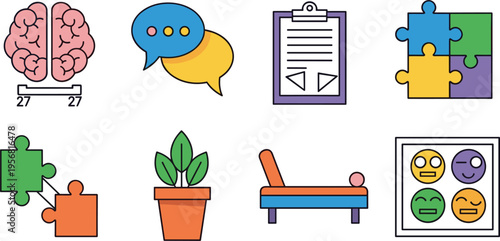 Psychology and mental health icon set with brain puzzle speech bubbles emotions therapy tools and wellness symbols isolated on white background vector illustration
