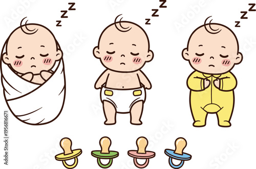 Sleeping babies illustration, swaddled infant diaper onesie artwork, childcare concept, pacifier set design, peaceful rest newborn cartoon graphic