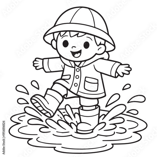 A vector illustration of a little boy outdoors after rain, wearing a raincoat and boots, happily playing in puddles, capturing a joyful and playful childhood moment.