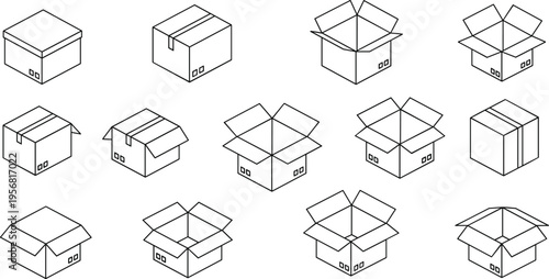 Cardboard Box Line Art Vector Set with Open and Closed Packaging Icons, Shipping Box Collection for Delivery, Logistics, Storage, and Warehouse Illustrations